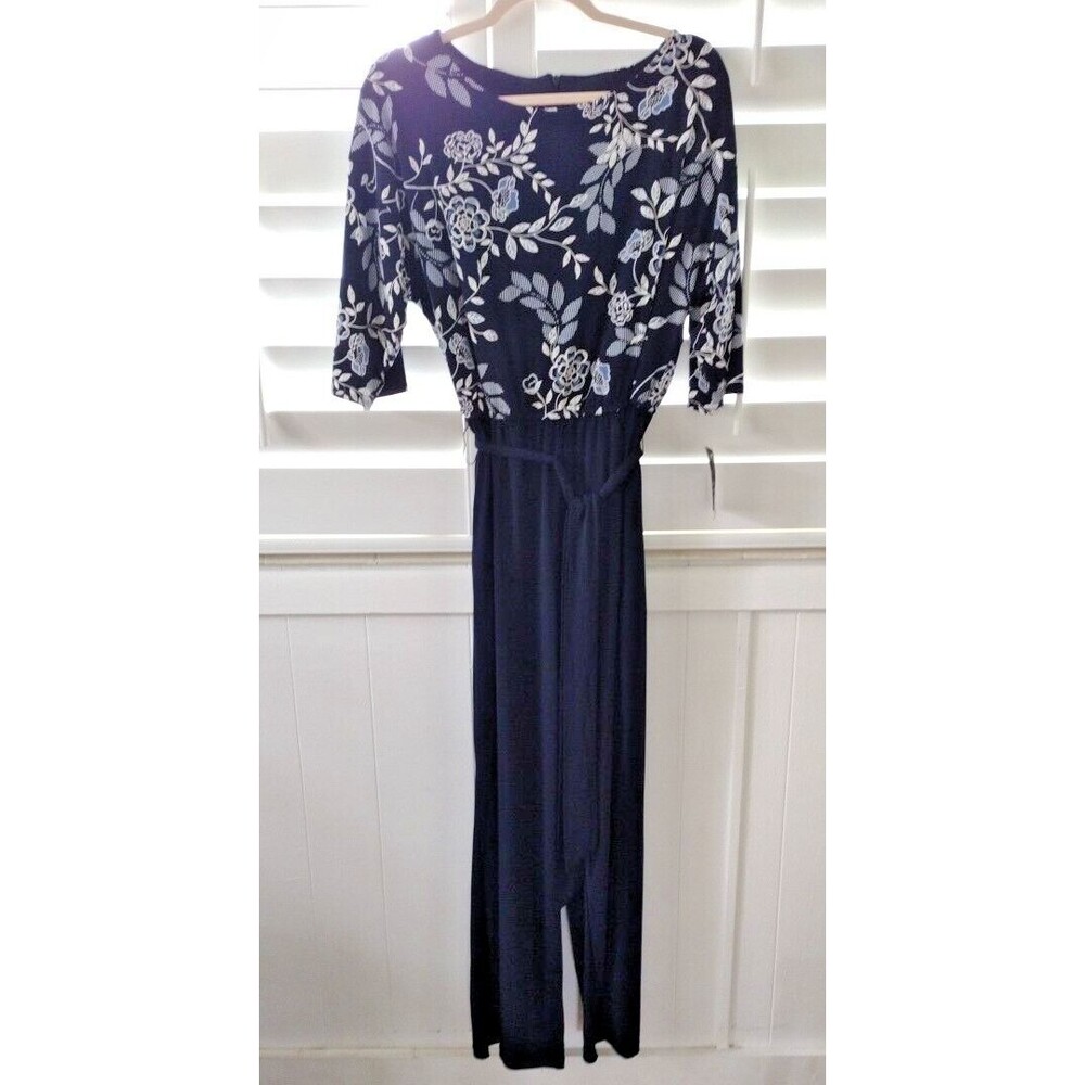 En Focus New Navy stretch pantsuit jumpsuit 29" Inseam short‎ sleeve belted 14